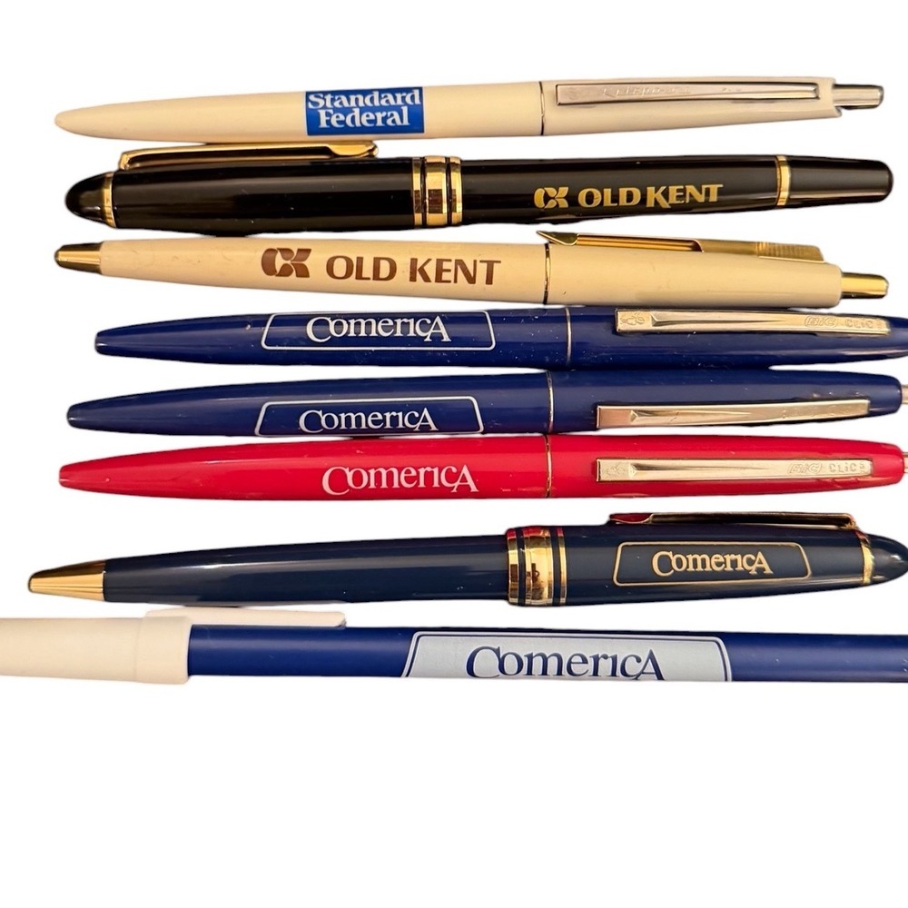 Vtg Bank Advertising Pen Lot Comerica Old Kent Standard Federal 8pc Set Michigan
